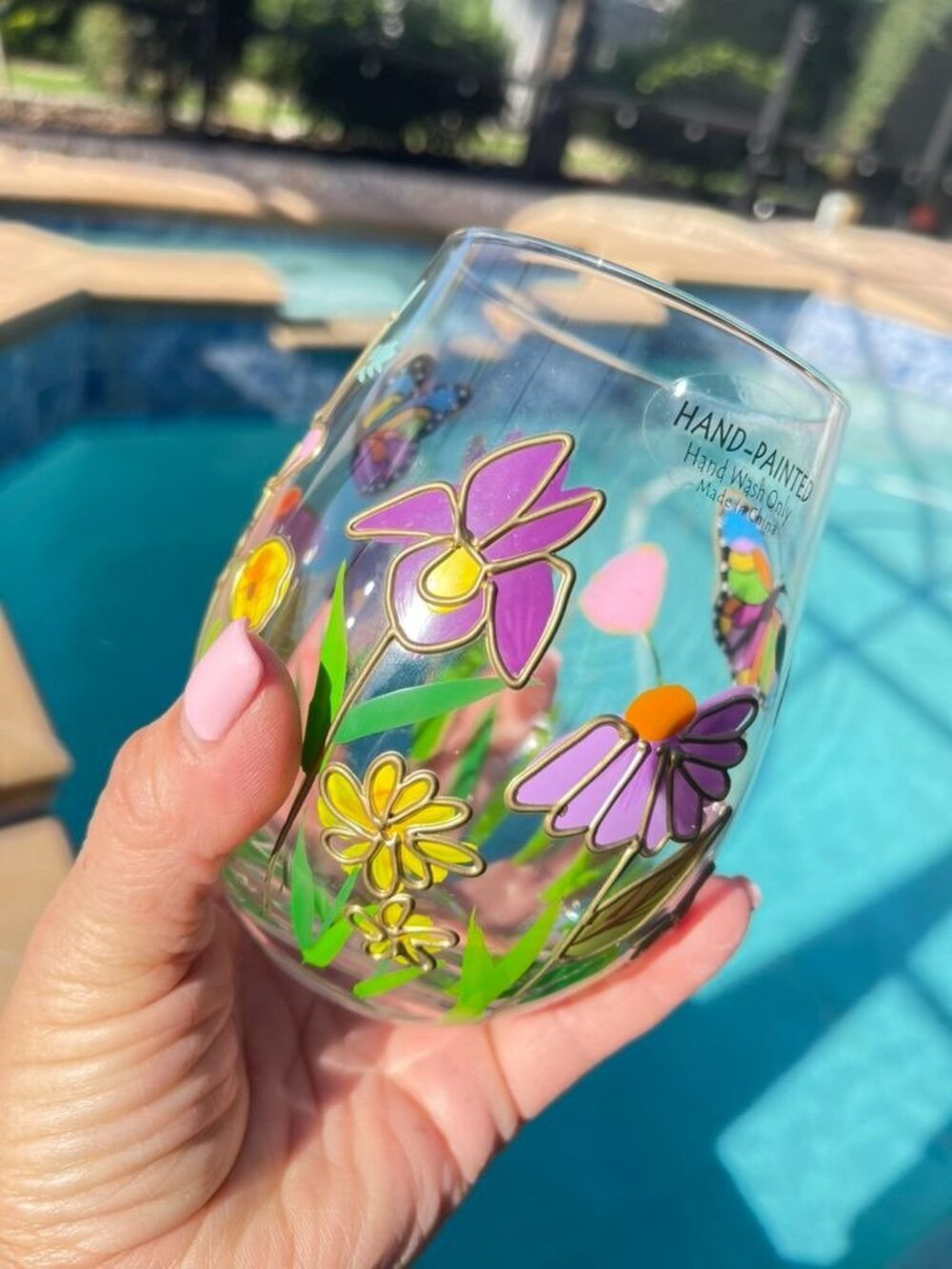 Set 2 Hand Painted Floral Butterfly Stemless Wine Glasses - Picture 7 of 7